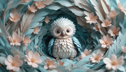 Obraz premium Adorable Baby Owl Nestled in Delicate Paper Flowers and Leaves