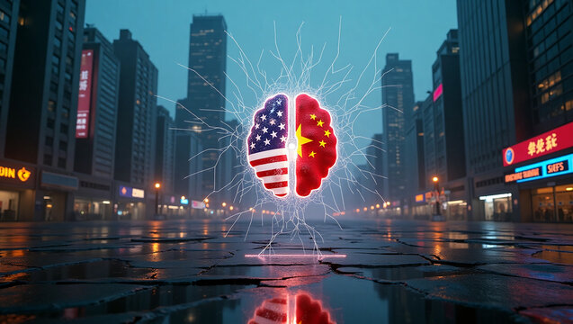Ein Gehirn, zur H&auml;lfte mit der Textur der Fahne von Amerika und zur anderen H&auml;lfte der von China als Symbohl der Partnerschaft und Zusammenarbeit f&uuml;r eine bessere, friedlichere Welt.