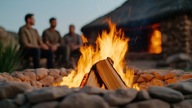 Community Meeting Scene Concept, Group Gathered Around Bonfire Engaged in Meaningful Conversation During Serene Evening Outdoor Setting