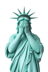 Statue of Liberty shedding tears covering her face with hands in despair