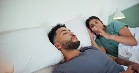 Snore, couple and frustrated with noise in home for sleep apnea, loud sound and wake up husband. Sleepless, woman and annoyed with partner for nasal congestion, stress and fatigue issue in bedroom