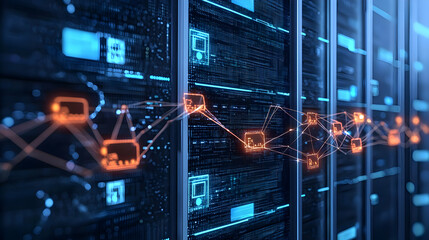 Dark Blue Server Room With Futuristic Glowing Orange Data Transfer Connections and Binary Code In Background