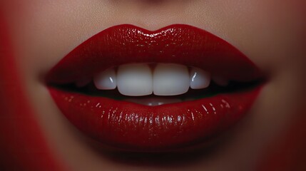 Obraz premium For beauty and cosmetics concepts, a striking contrast is created by a close up of beautiful plump lips with red lipstick highlighting white teeth against a vibrant red background.