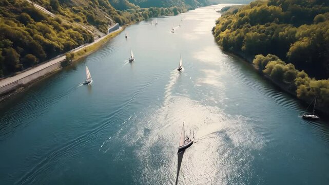 Sailboats gliding across river, verdant hills framing serene nautical landscape with recreational sailing atmosphere