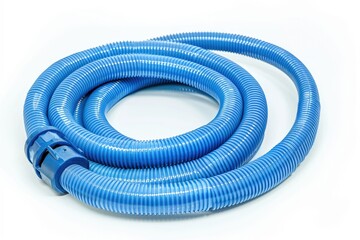 Washing machine blue cold water inlet hose with clamped fittings, isolated on a white background