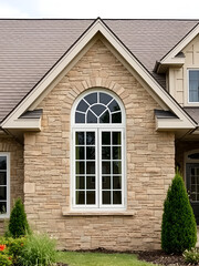 Obraz premium Recent home exterior featuring a double gable roof stone veneer and a large symmetrical window with grills