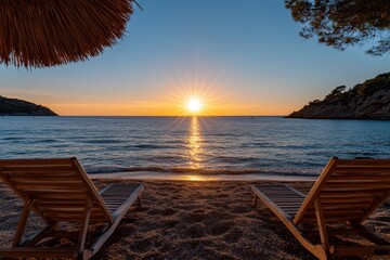 A captivating beach sunset showcasing lounge chairs under a thatched parasol, perfect for relaxation while watching the sun dip below the tranquil sea horizon.