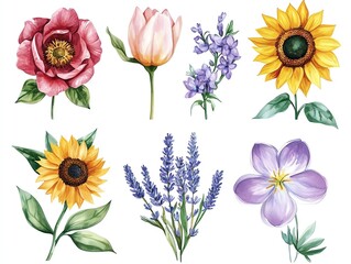Obraz premium Watercolor flowers collection sunflower, rose, tulip, magnolia, lavender, lily lilac, anemone and pansy Flora isolated