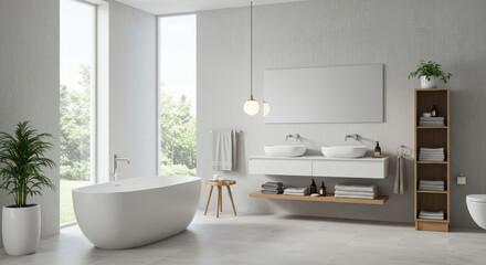 Fototapeta premium Modern Bathroom Retreat: Minimalist Design, Soaking Tub, Natural Light & Serene Spa Ambience for Relaxation & Style