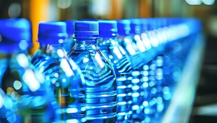 Rows of plastic water bottles on production line with vibrant blue illumination and bokeh effect creating industrial atmosphere for beverage manufacturing.