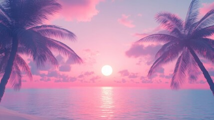 Obraz premium Soft pastel summer sunset over a dreamy beach 3D comic-style paper cut palm trees with a warm pink ocean horizon minimalist art.