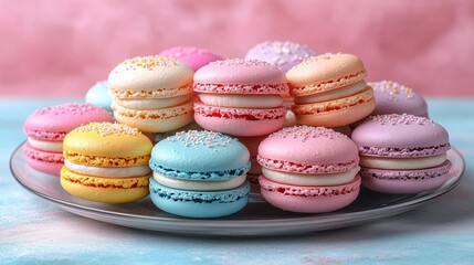 Fototapeta premium Colorful macarons neatly arranged on a plate in a pastel-themed setting