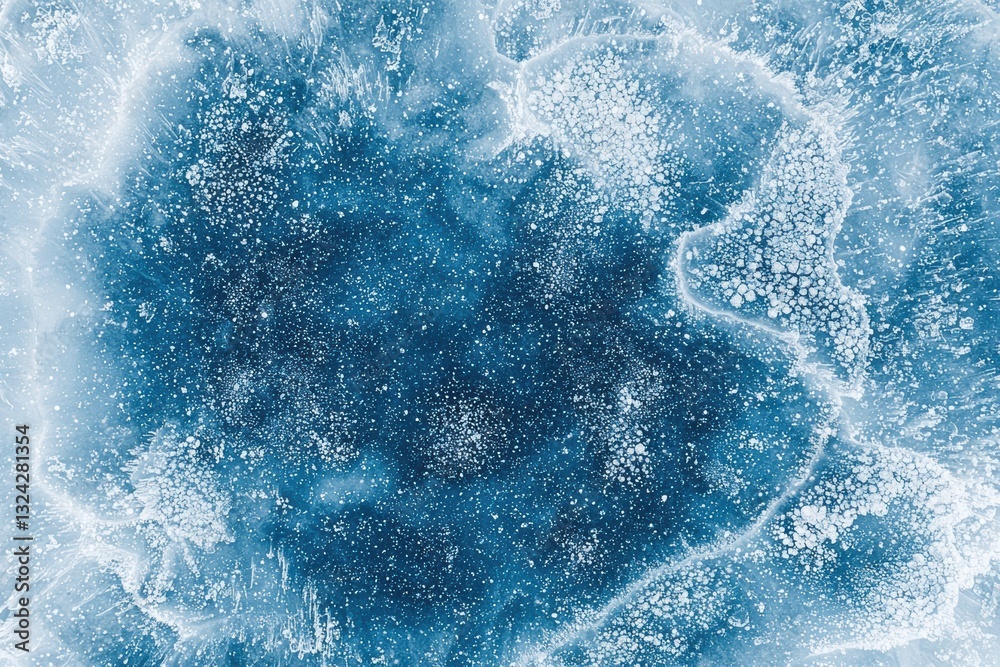Poster frozen lake surface showing stunning ice texture with snowflakes and frost patterns