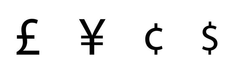 Global currency symbols illustrated: pound yen cent and dollar symbols in minimalist vector design Representing international finance and trade