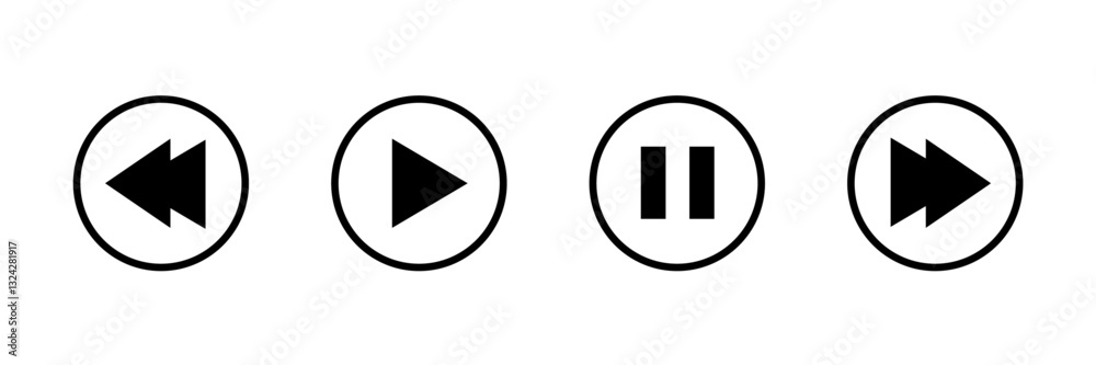 Poster and media player icons illustration includes: rewind play pause and fast forward signs inside round 