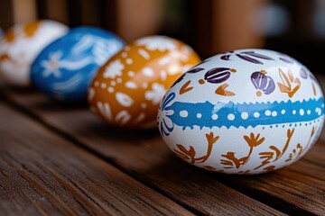 A collection of vibrantly painted Easter eggs arranged on a rustic wooden table, showcasing intricate designs and colors that celebrate the joy and creativity of the season.