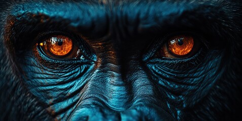Gorilla close-up portrait, intensely staring bright orange eyes, dramatic contrast on dark background, power, mystery.