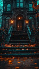 Obraz premium Grand staircase leads to an ornate, dark Victorian building. Fall leaves scattered
