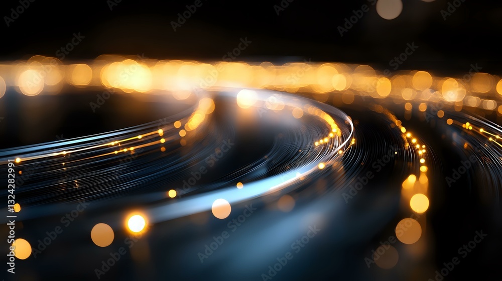 Poster glowing light trails curve through darkness with golden bokeh effects creating dynamic motion and en