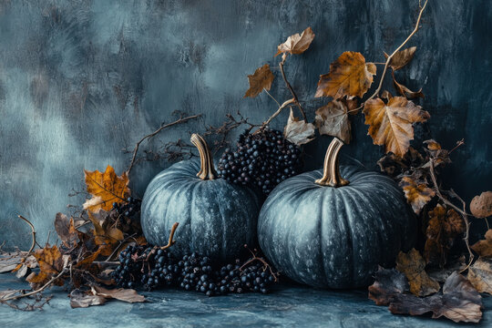 Three black and white pumpkins surrounded by autumn leaves. - Powered by Adobe