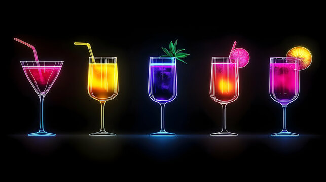 Pixel Art Neon Cocktails Set Against Dark Background With Bright Glowing Colors Featuring Tropical Fruits and Garnishes Ideal for Bar Restaurant Menu