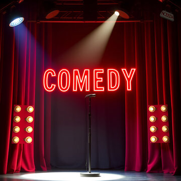 The stand-up comedy stage features a bright spotlight and a vibrant red neon sign proudly declaring "COMEDY.