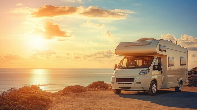 Sunny road trip in a camper van by the ocean at sunset with clear skies and beautiful surroundings