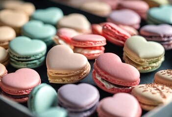 Fototapeta premium A tray of heart-shaped macarons in pastel colors with delicate patterns 