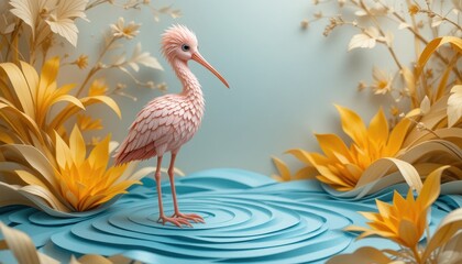 Fototapeta premium Pink Bird in Paper Art Floral Scene Tranquil Water Yellow and Beige Flowers