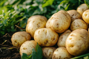 Pile of potatoes atop dirt mound.