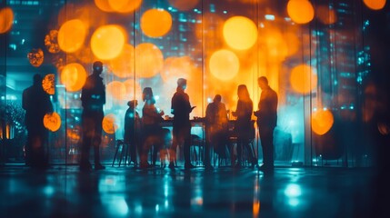Business people having a discussion in a modern office meeting room with clear glass walls, soft ceiling lighting, creating a professional and collaborative atmosphere.