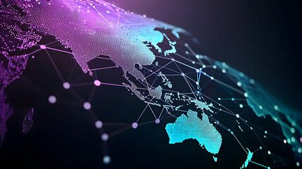 Abstract 3D Illustration of the World Map with Interconnected Dots and Lines in Blue and Purple on a Dark Background