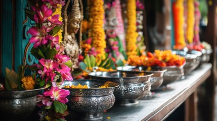 Fototapeta premium Intricate Floral Offerings in Traditional Ceremony with Statues