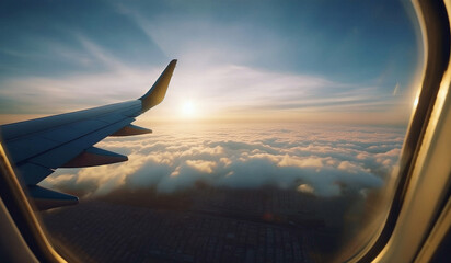 An early morning flight with the golden sunlight reflecting off the airplane wing, soaring above the clouds with a breathtaking city view below. 