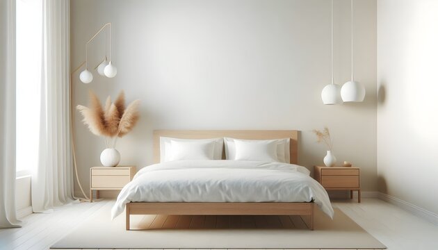 Minimalist bedroom interior design with wooden bed furniture white bedding and home accessories empty wall mockup for art gallery prints or bedroom advertising