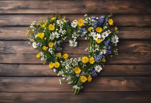 A flat lay of wildflowers arranged into a heart shape with a rustic wooden background