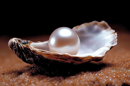 Luminous white pearl resting in opened oyster shell against dark background, showcasing natural luxury and oceanic treasure. Perfect for jewelry design.