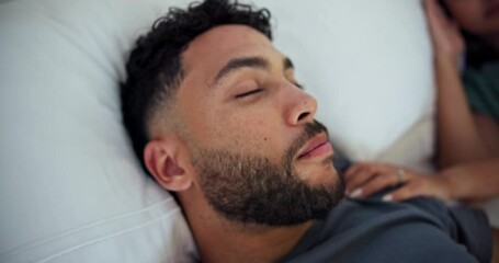 Tired, man and snoring with frustrated couple, wake up and sleep apnea problem with annoying sound. Fatigue, male person and partner with insomnia, nasal congestion and sleepless noise in bedroom