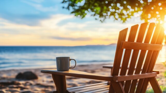 Relaxing beach chair at sunset with a cup of coffee overlooking the ocean waves and tranquil horizon