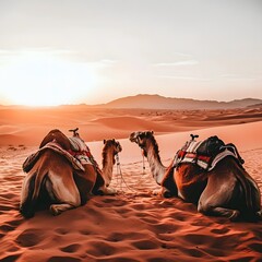 Fototapeta premium Desert Two Camel Sand Sandy Animal Sunset Wildlife