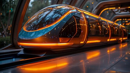 Futuristic train station with illuminated monorail, showcasing sleek design and vibrant atmosphere
