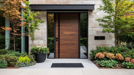 Stylish modern entrance showcasing a beautiful wooden door that enhances the overall look of the home facade