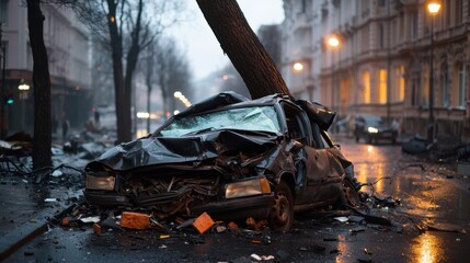 Fototapeta premium Accident Storm Impact Concept, Wrecked Car Pinned Beneath Fallen Tree in Urban Setting After Stormy Weather Event