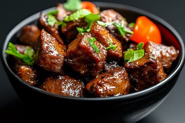 Glazed pork belly chunks in black ceramic bowl garnished with fresh herbs and red chili pepper, served on dark background with dramatic lighting.