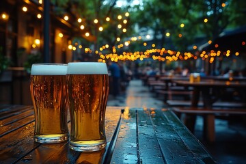 two glasses of beer on the table.