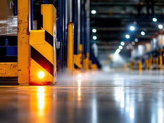 A well-lit industrial warehouse aisle featuring yellow safety barriers and smooth flooring, showcasing an organized storage environment.
