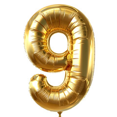 a golden number nine balloon, likely used for celebrations or decorations, against a transparent background, cut out, PNG 3D Digital Art, clip art.