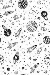Vertical Planets, rockets, and stars, cute seamless pattern in doodle style.