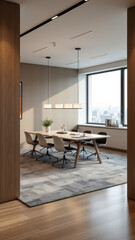 Modern office meeting room with a large window overlooking a city skyline. Acoustic paneling on walls for soundproofing.