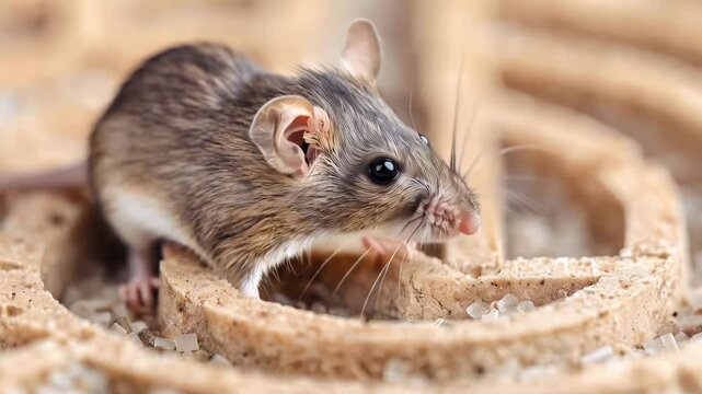Inquisitive mouse examining mousetrap, cautiously sniffing unknown hazard with alert whiskers, set against minimalist white studio backdrop
